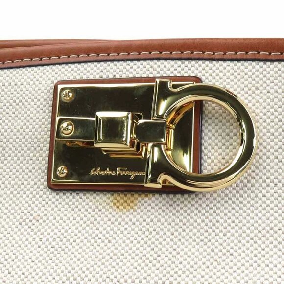 Auth Salvatore Ferragamo Gancini Handbag Off White/Brown Canvas/Leather - Picture 9 of 16